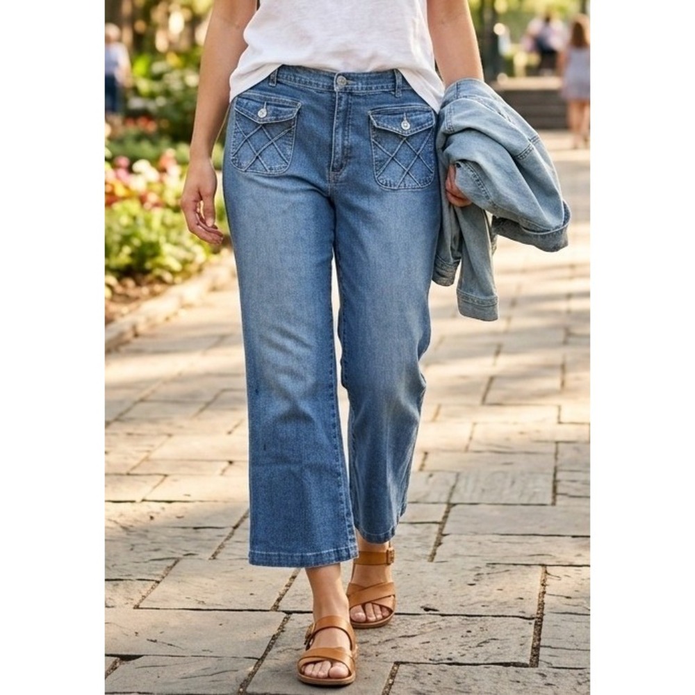 Arizona Jean Co Denim Cropped Jeans Women 18.5 Plus Blue Lattice Pockets Stretch